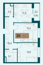 Двухкомнатная квартира 60.2 м²
