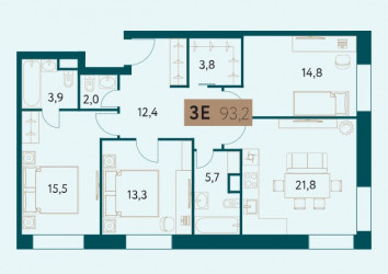 Трёхкомнатная квартира 93.2 м²