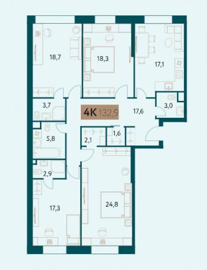 Четырёхкомнатная квартира 132.9 м²