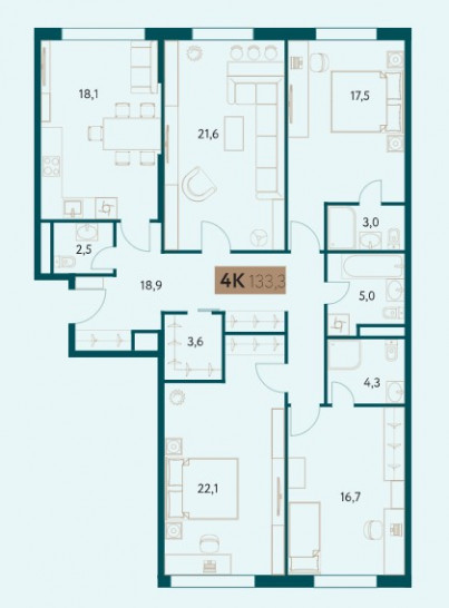 Четырёхкомнатная квартира 133.3 м²