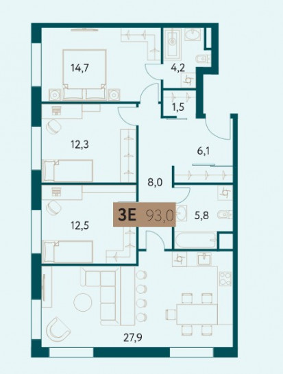 Трёхкомнатная квартира 93 м²