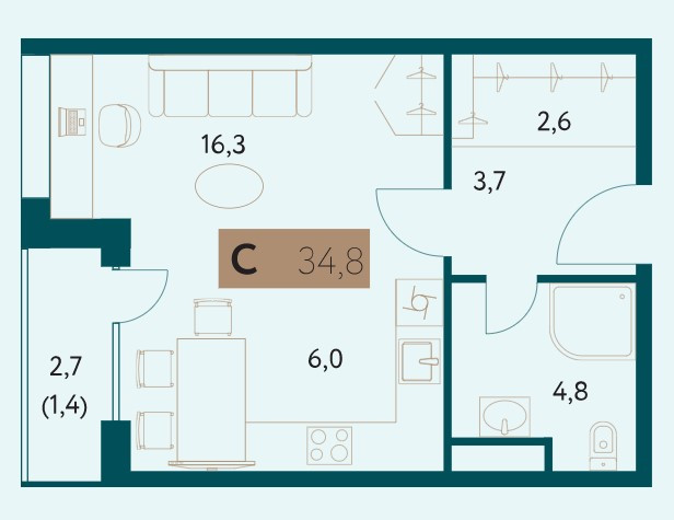 Студия 34.8 м²