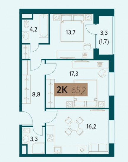 Двухкомнатная квартира 65.2 м²